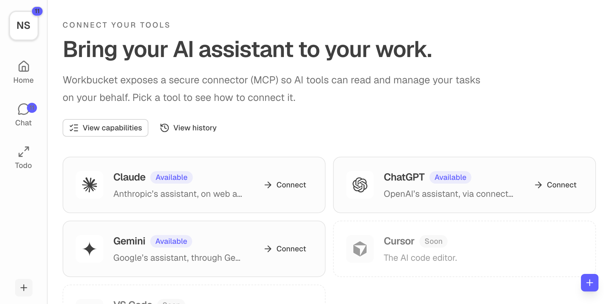 Workbucket connector page listing AI tools — Claude, ChatGPT, Gemini, Cursor, VS Code