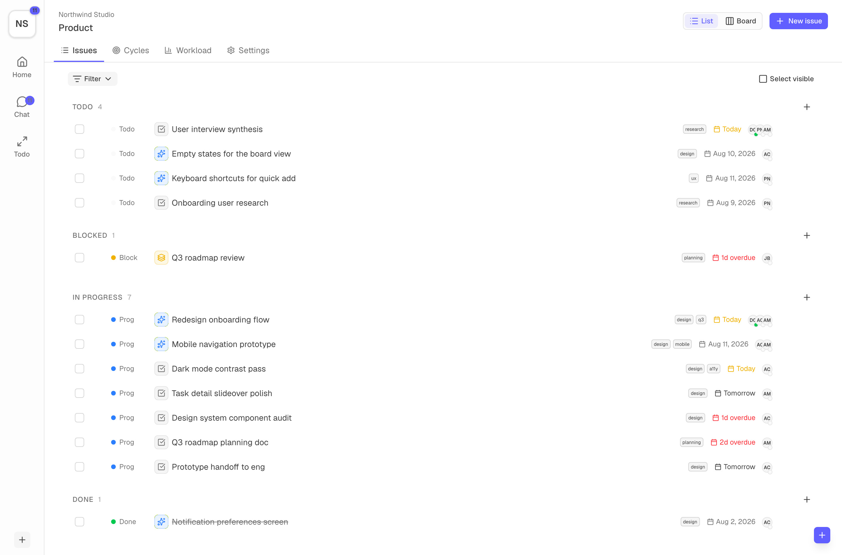 A Workbucket area with tasks grouped by status, each with owners, due dates, and tags