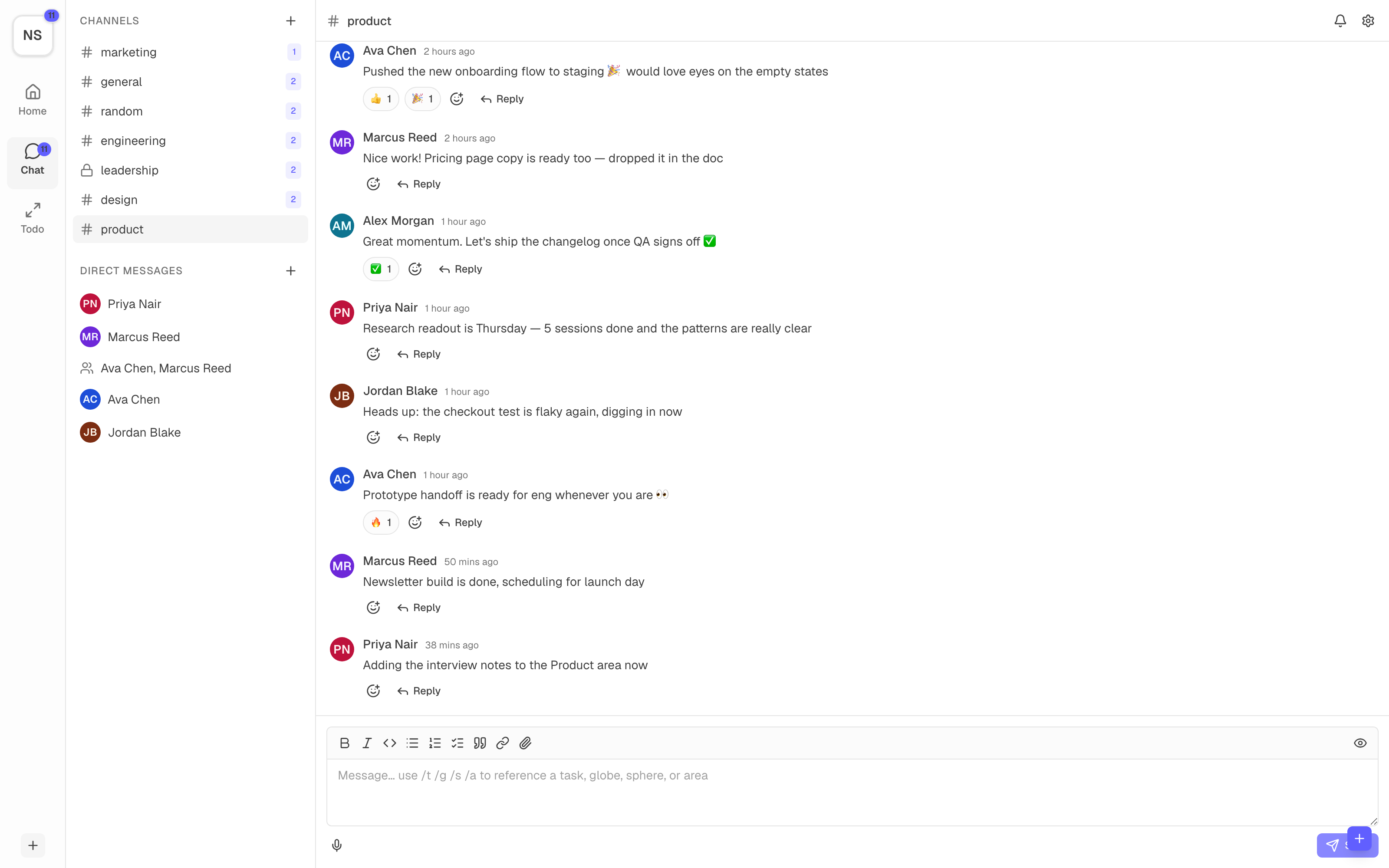 Workbucket chat with channels, direct messages, and a lively product discussion