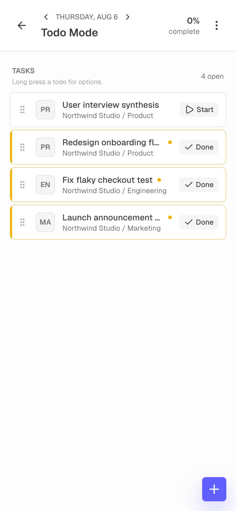 Workbucket Todo Mode on a phone, focused on today's tasks