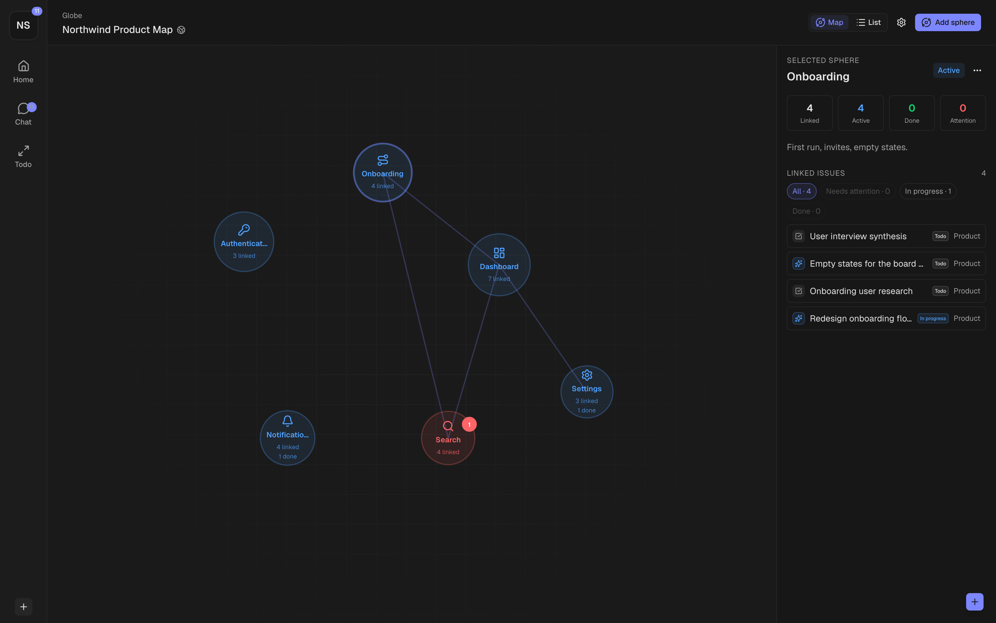 Workbucket Globe view — a spatial map of spheres grouping related work, with health and activity